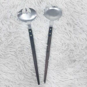 Vintage MCM 11” Wood Handle Salad Serving Set FORK SPOON Stainless Steel JAPAN